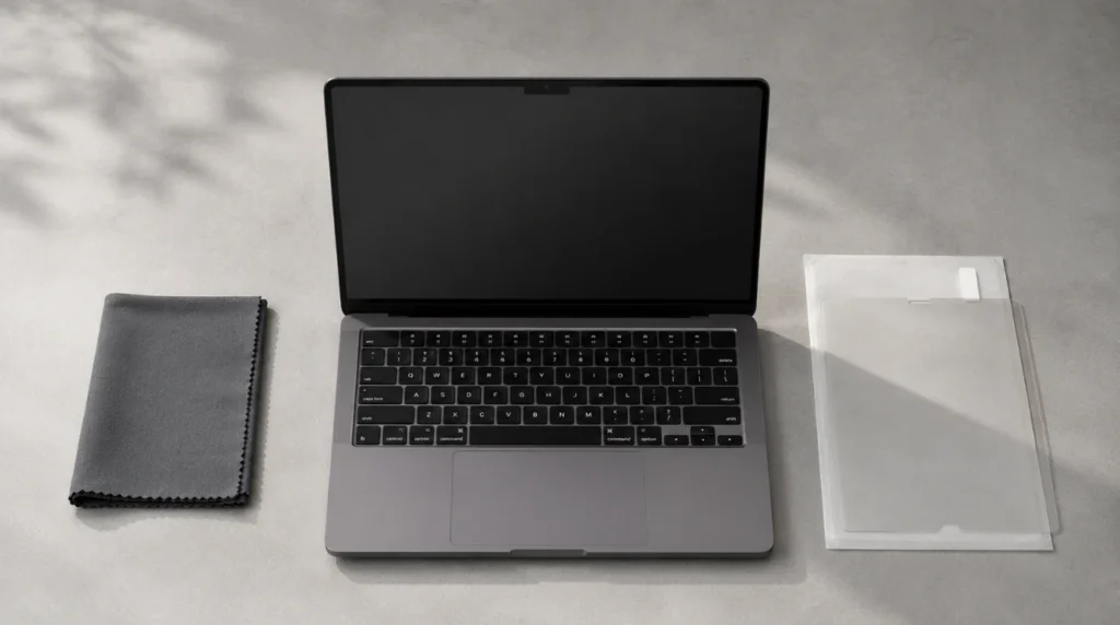 Laptop displayed beside a microfiber cloth and screen protector as prevention tools for keyboard marks on screen.
