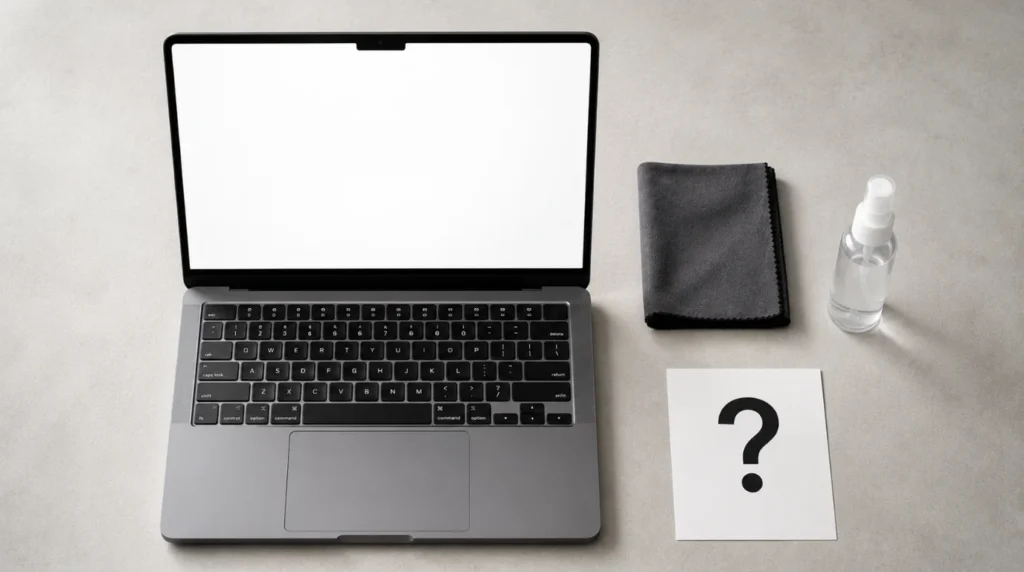 FAQ layout showing a clean laptop screen beside screen cleaning tools answering common keyboard marks questions.