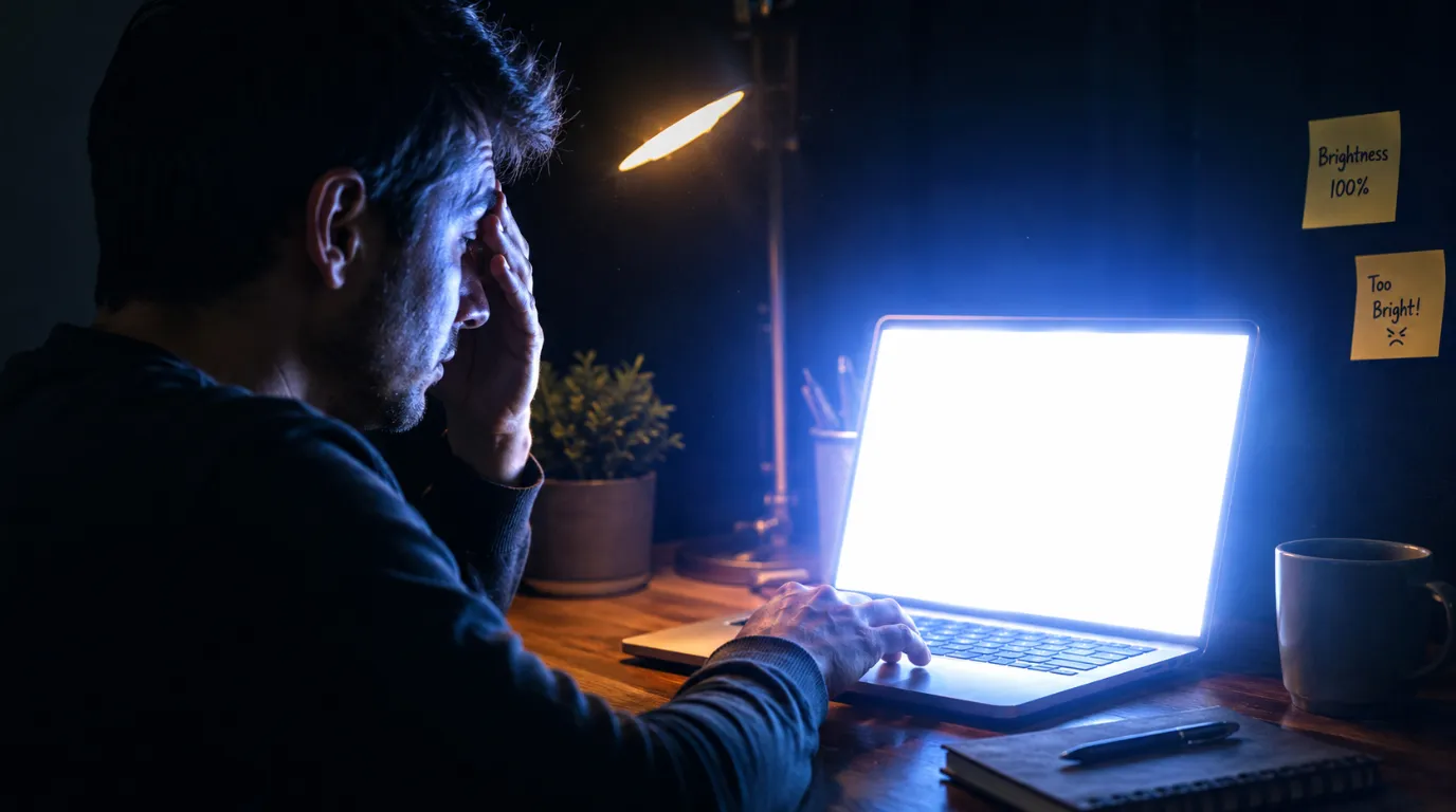 Laptop screen stuck at maximum brightness with overexposed white display glow laptop screen brightness stuck issue visible on slim aluminum laptop.