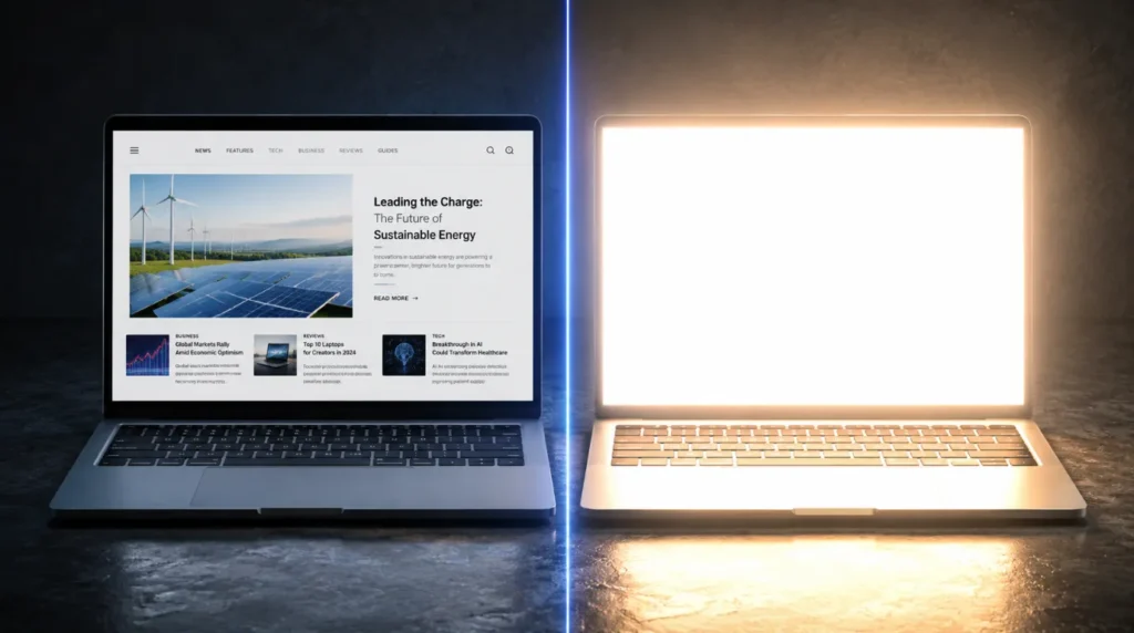 Side-by-side comparison of a laptop with normal screen brightness versus laptop with brightness stuck at max showing hardware display driver conflict.