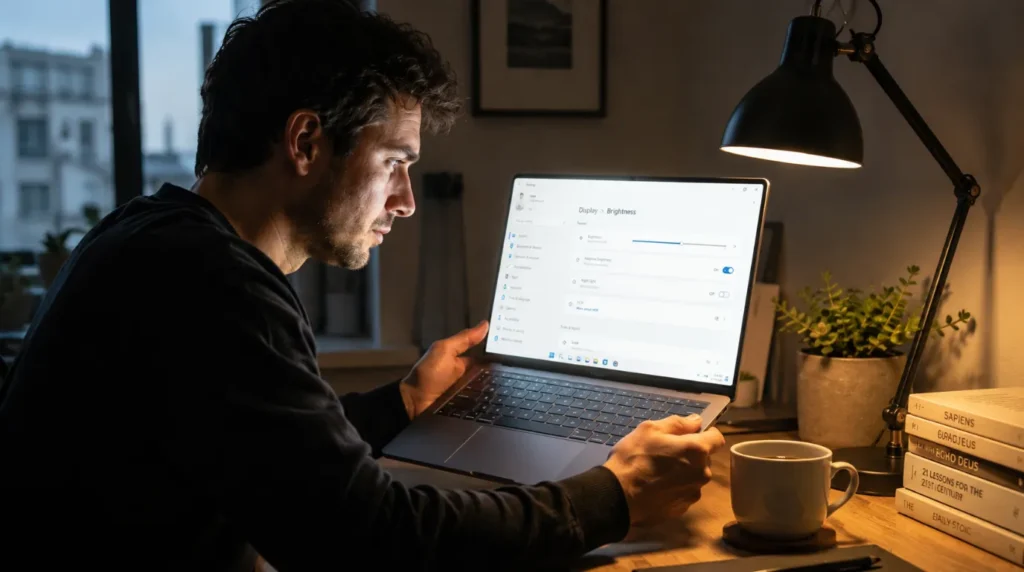 Person examining laptop screen with brightness controls visible during home diagnosis of laptop screen brightness not changing correctly in Windows 11.