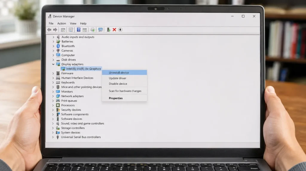 Hands holding laptop showing Windows 11 Device Manager with Intel Iris Xe Graphics selected and Uninstall Device option visible to fix laptop brightness stuck problem.