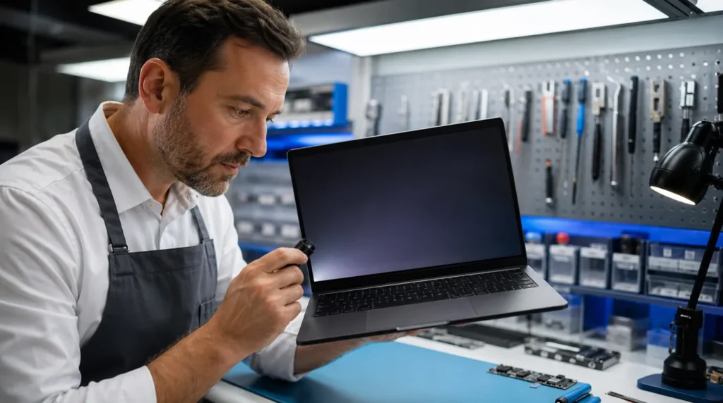 Professional laptop repair technician inspecting dim backlight on laptop screen using jeweler's loupe at a clean professional repair workbench in 2026.