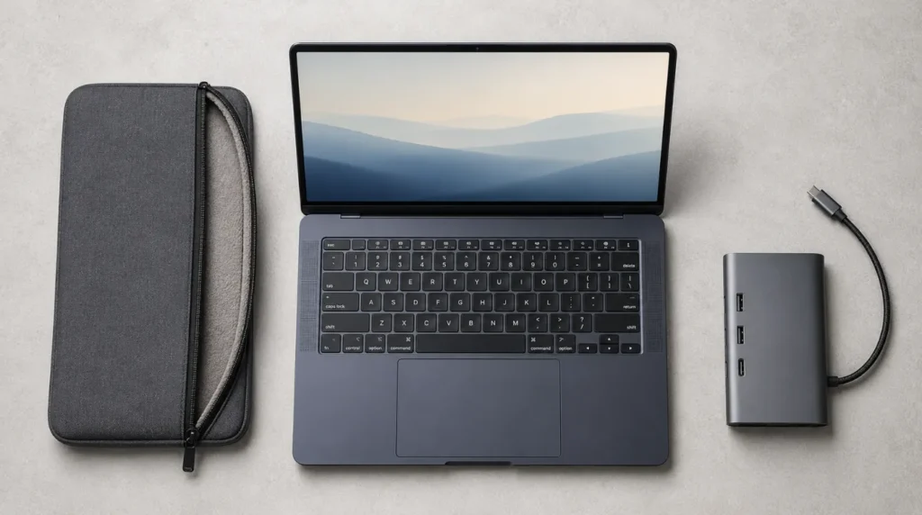 Laptop with perfectly calibrated screen brightness displayed alongside a protective sleeve and USB-C hub showing how to prevent laptop brightness control problems.