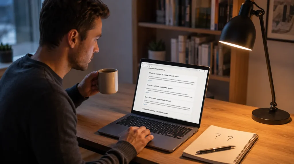 Person reading FAQ answers about laptop screen brightness stuck problem on a laptop at a home desk with notebook and handwritten questions beside it.