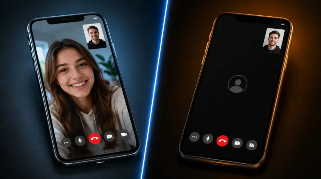 Healthy Messenger video call compared beside black screen caused by browser rendering conflict.