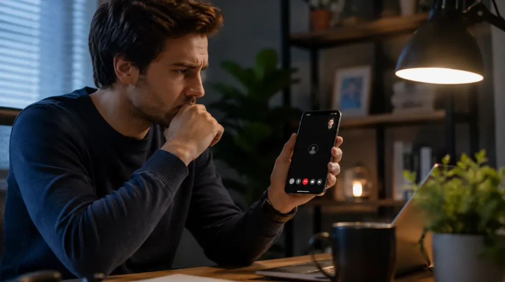 Person diagnosing Messenger video call black screen while audio still works on smartphone.