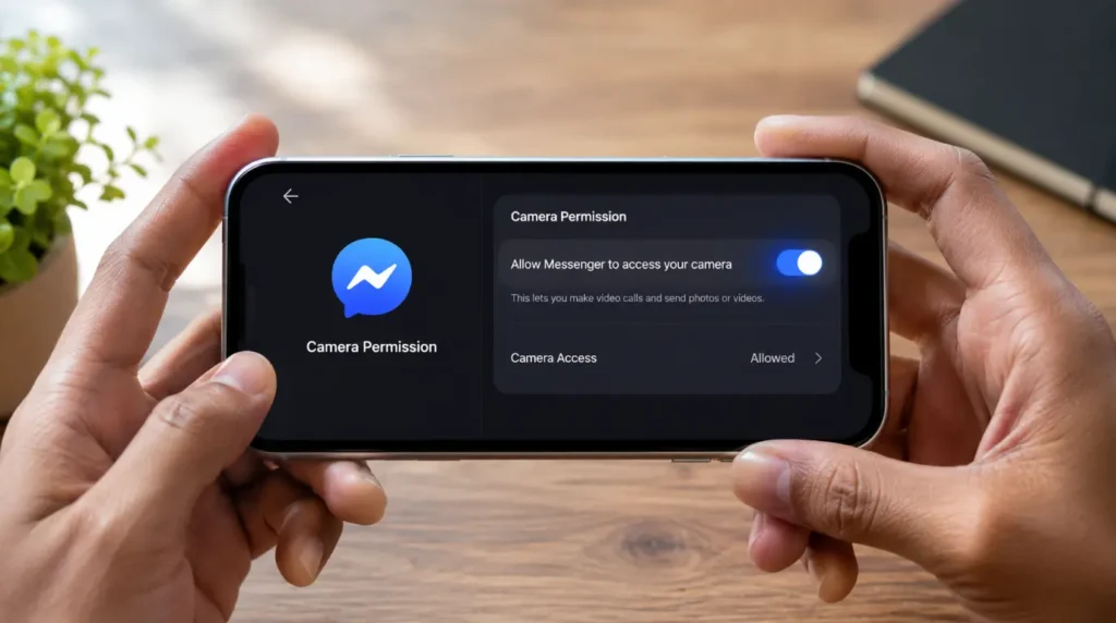 Hands adjusting Messenger camera settings to fix black screen video call problem