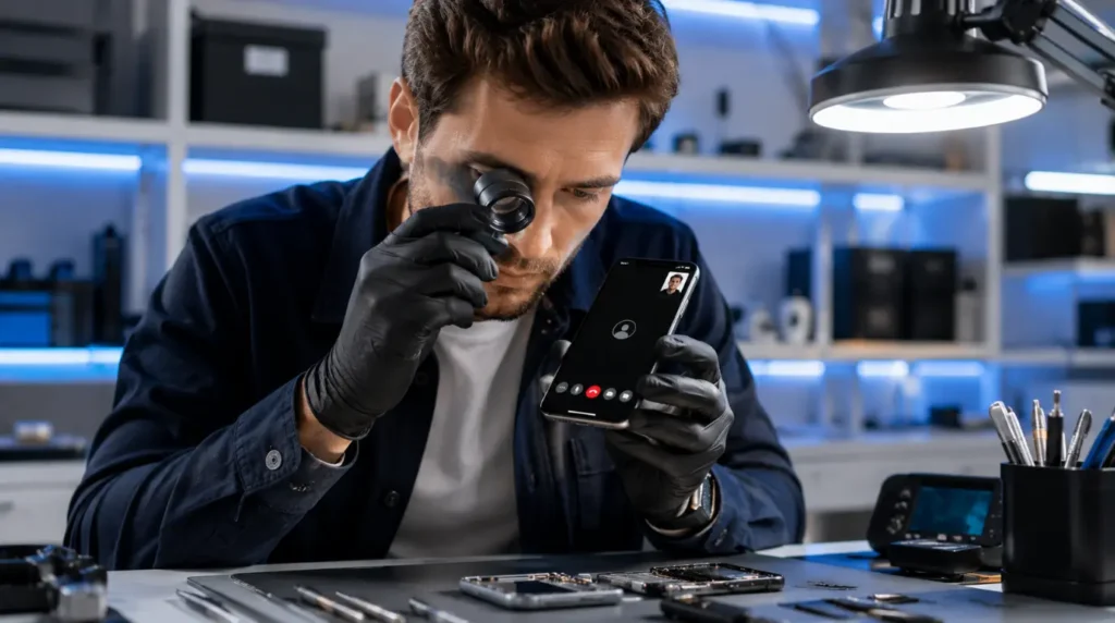 Repair technician diagnosing smartphone camera problem causing Messenger black screen calls.