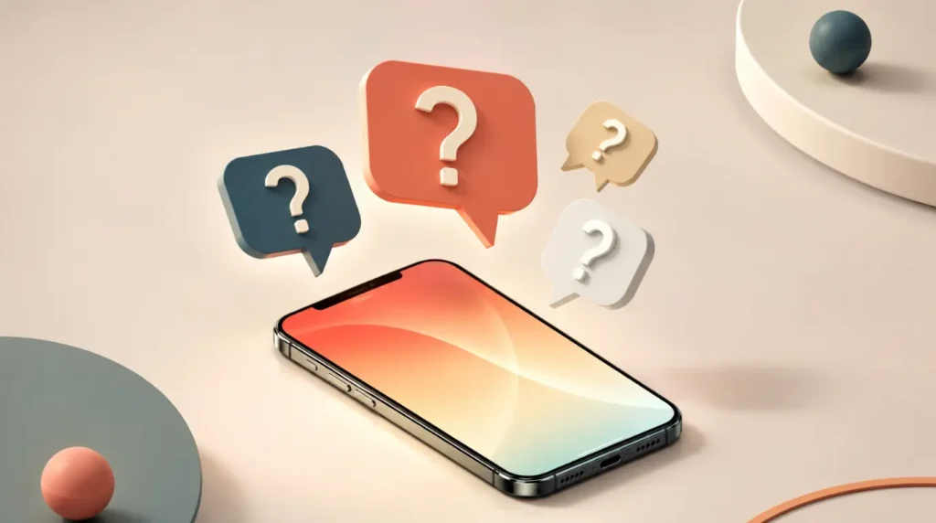 Messenger video call FAQ illustration with smartphone and floating question marks.