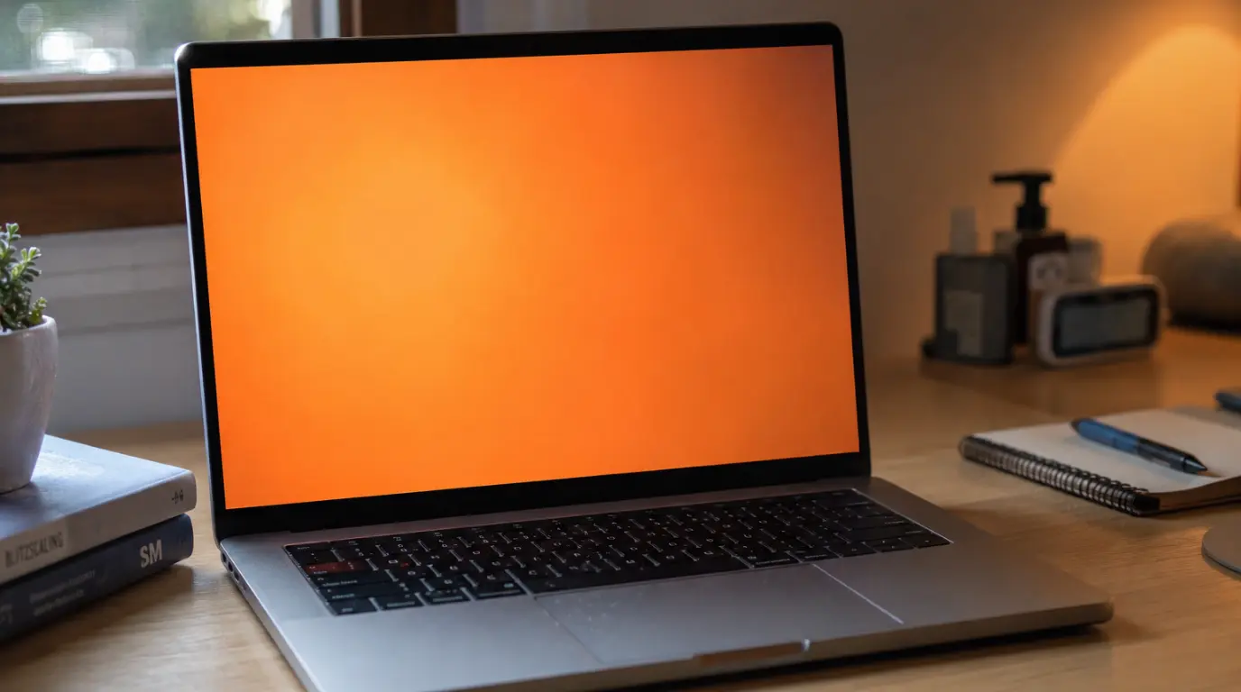 A modern laptop with a warm orange screen tint sitting on a wooden desk.