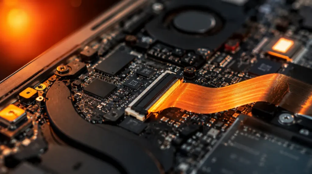 Close-up of internal laptop hardware components and eDP flex cable causing display color distortion.