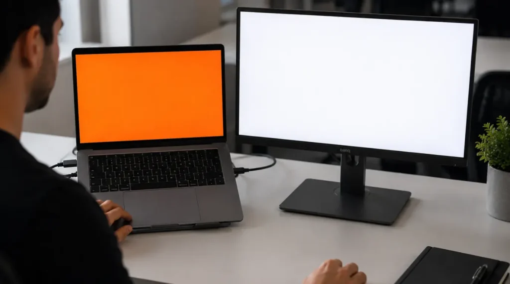 Comparing an orange laptop display side by side with a normal external monitor for troubleshooting.