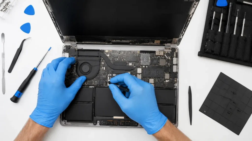 A professional technician repairing a disassembled laptop display panel and hardware on a workbench.
