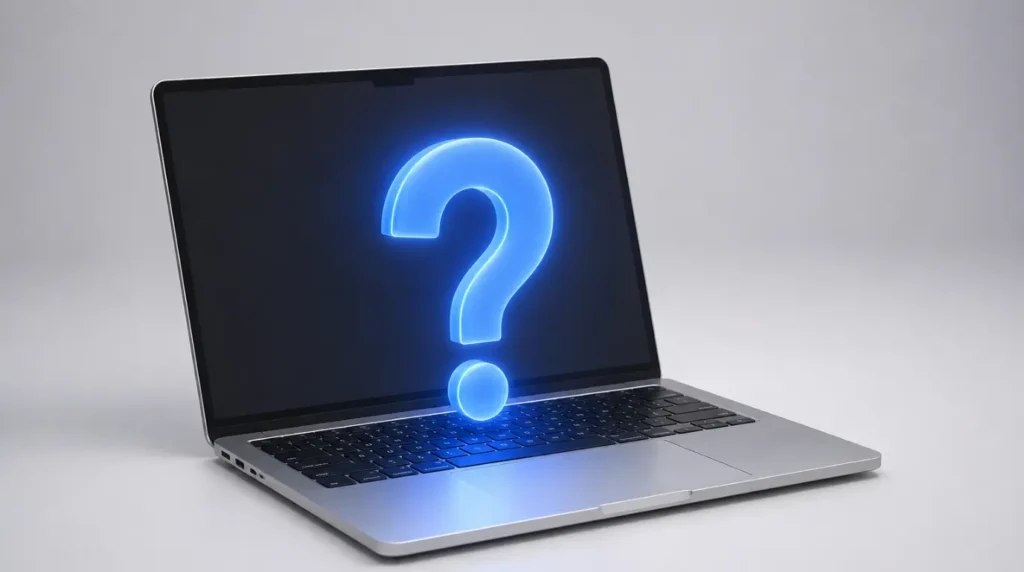 Minimalist 3D laptop illustration with a glowing question mark for screen troubleshooting FAQ section.