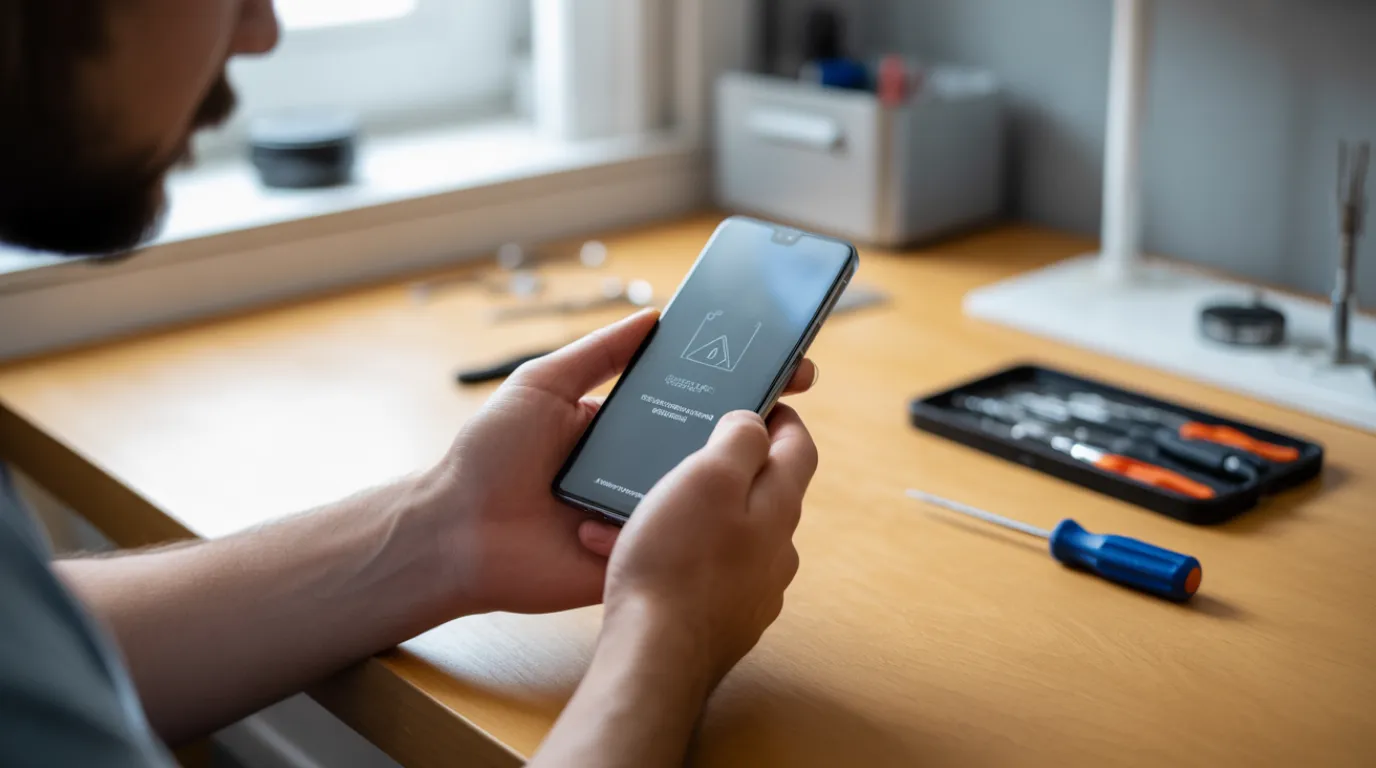 Hands holding a smartphone showing a dim recovery mode style screen on a repair desk