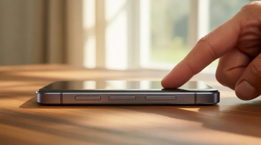 Close-up of a finger pressing a smartphone volume button on a wooden desk
