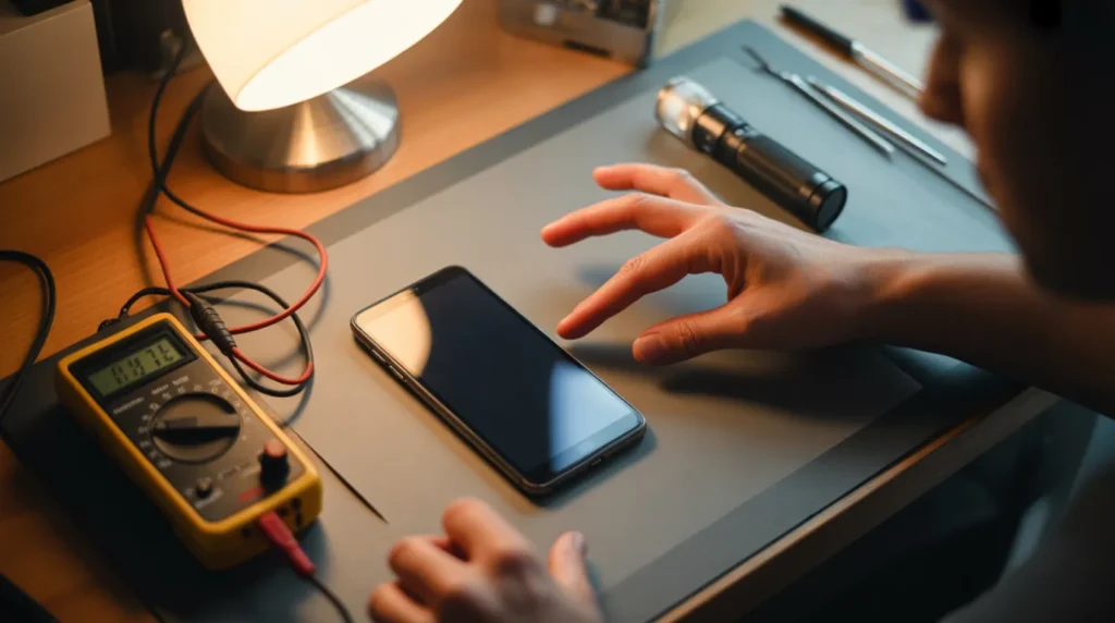  Technician testing a smartphone on a desk with diagnostic tools nearby