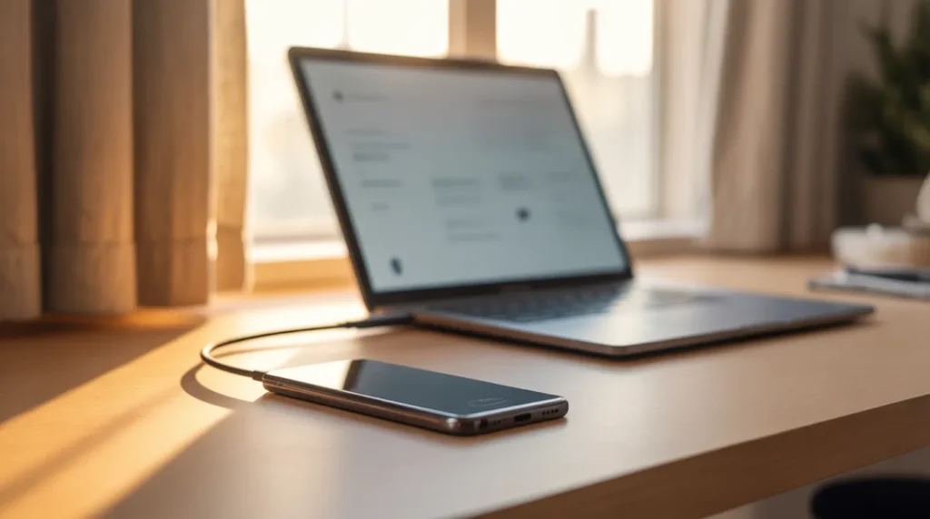 Smartphone connected to a laptop with a USB cable during a software restore