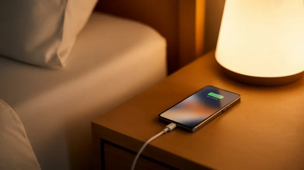 Smartphone charging on a nightstand with a soft lamp glow in the background