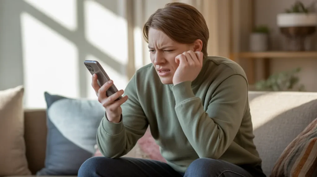 Frustrated person pressing the side buttons of a smartphone on a couch