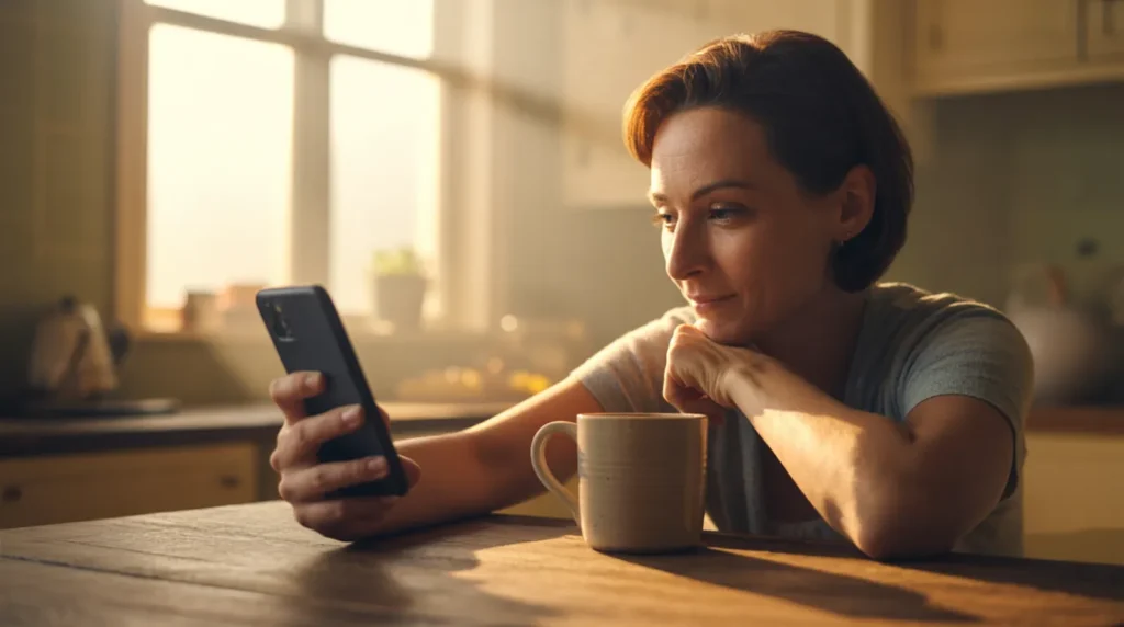 Person thoughtfully looking at a smartphone screen at a kitchen table