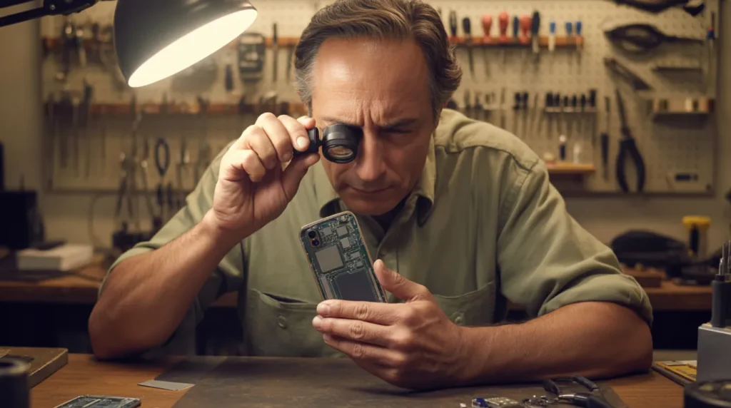 Repair technician inspecting a disassembled smartphone under a desk lamp
