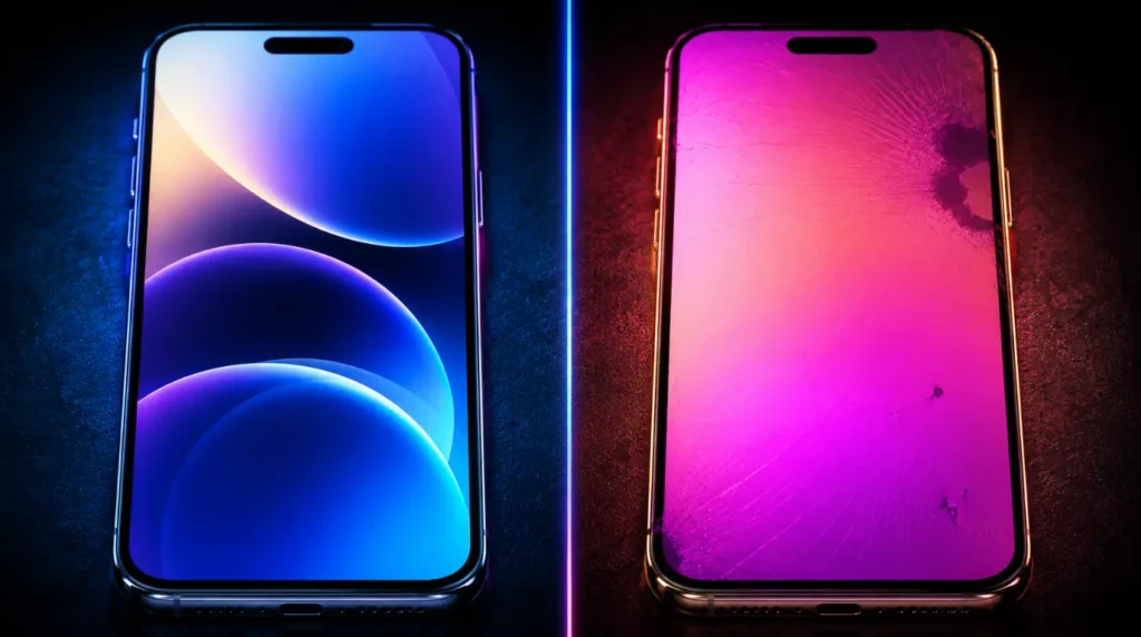 Healthy phone screen beside damaged OLED display with pink discoloration issue.