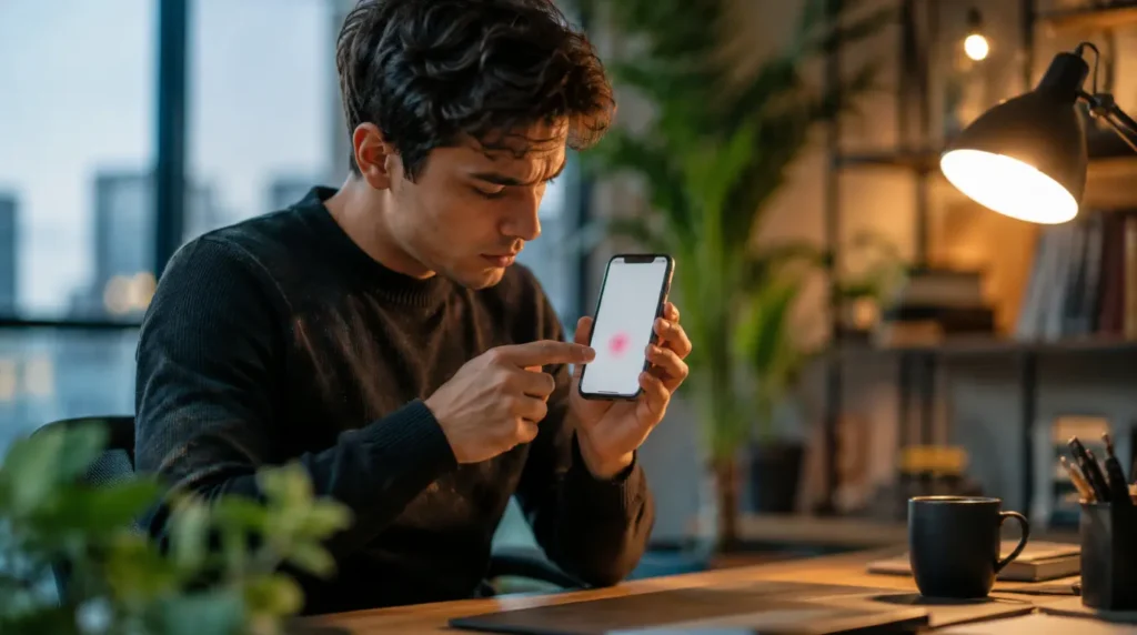 Person checking a pink spot on mobile screen under desk lighting.