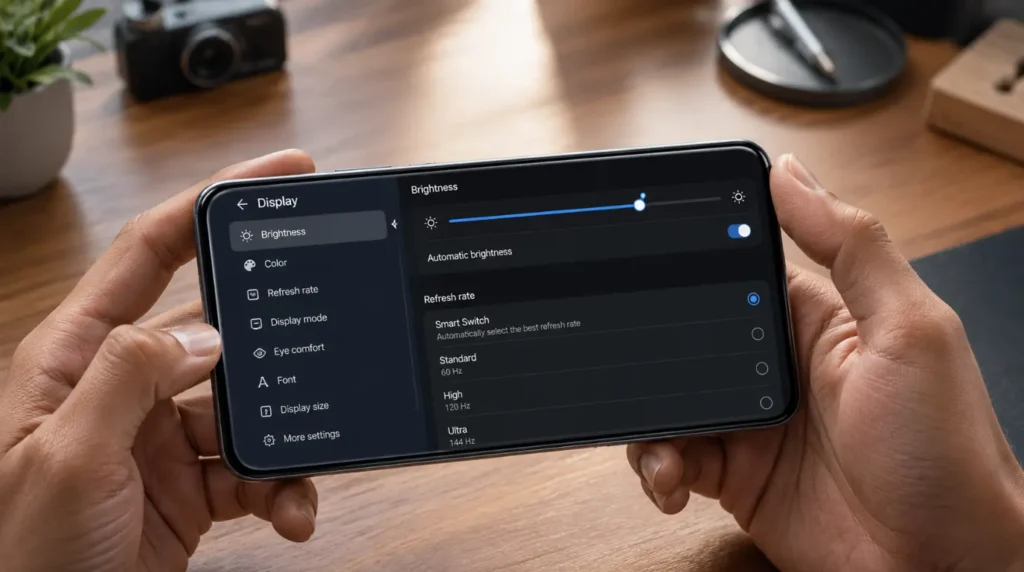 Hands adjusting phone display settings to fix pink spot screen issue.