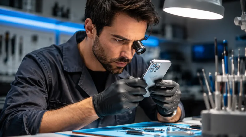 Professional technician inspecting a smartphone with pink screen damage.