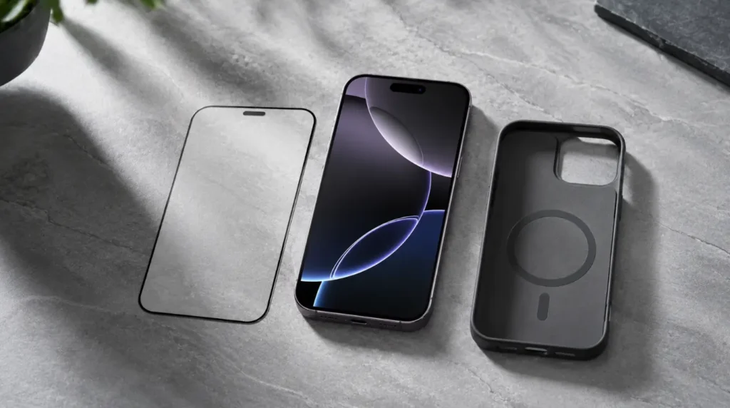 Smartphone with protective accessories to prevent screen damage and pink spots.