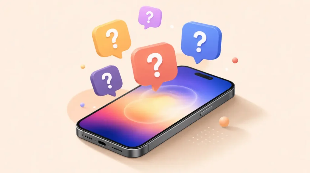 Mobile phone illustration with question bubbles about pink screen problems.