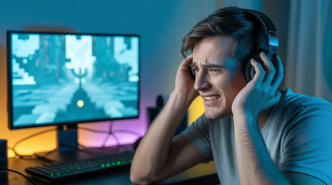 Man staring confused at a frozen gaming monitor while wearing headphones at night