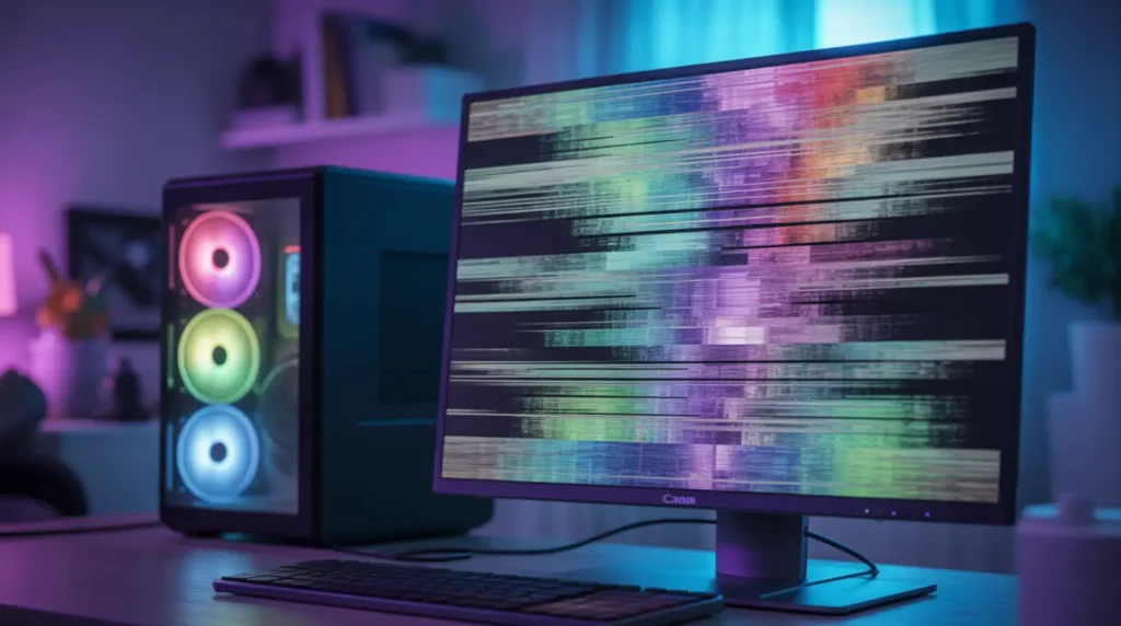 Close-up of a glitched, frozen computer monitor screen with pixel artifacts