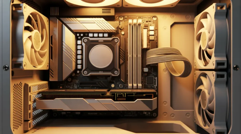 Open PC case showing a dusty graphics card and cooling fans inside