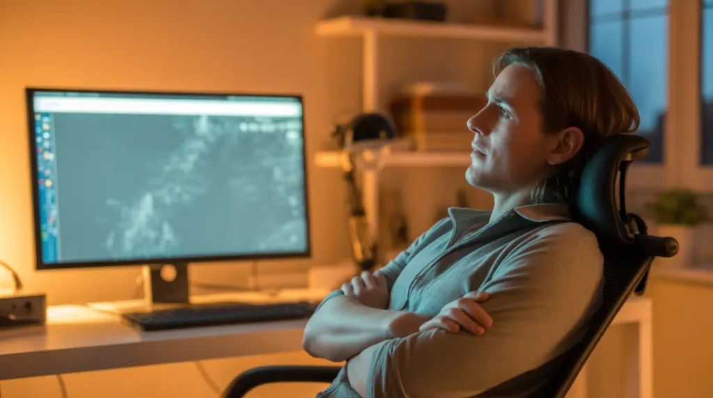 Person looking thoughtfully at a glitching computer screen at their desk
