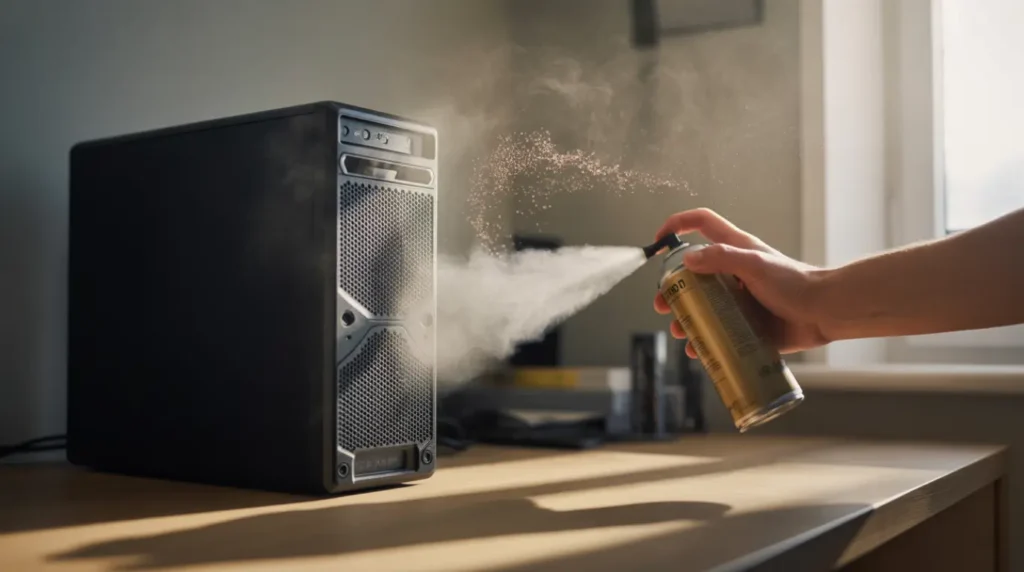 Person cleaning dust from a desktop computer's fan vents with compressed air