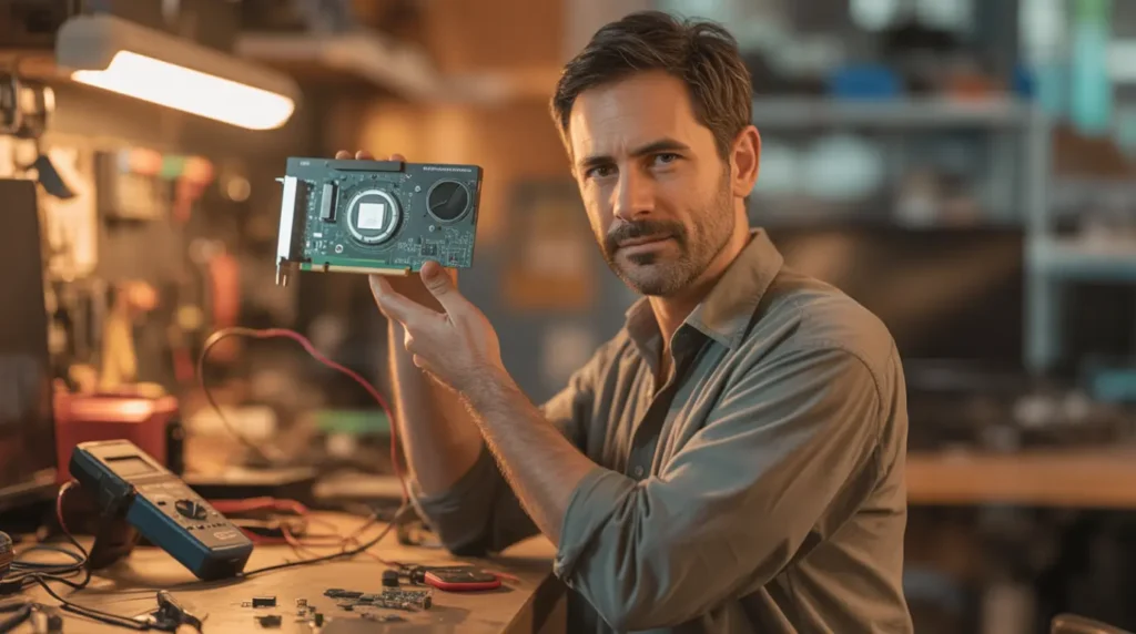 Experienced repair technician inspecting a graphics card at his workbench