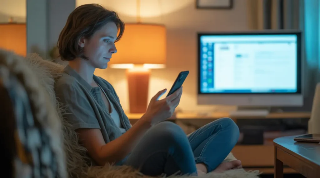 Person checking their phone while a frozen monitor glows across the room
