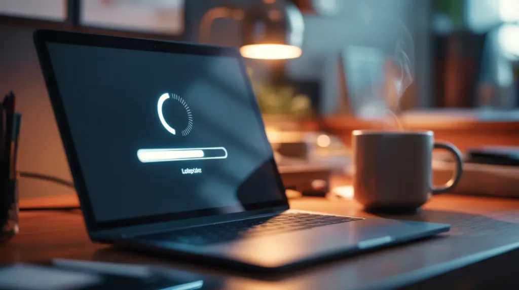 Laptop displaying a software update in progress on a dark screen