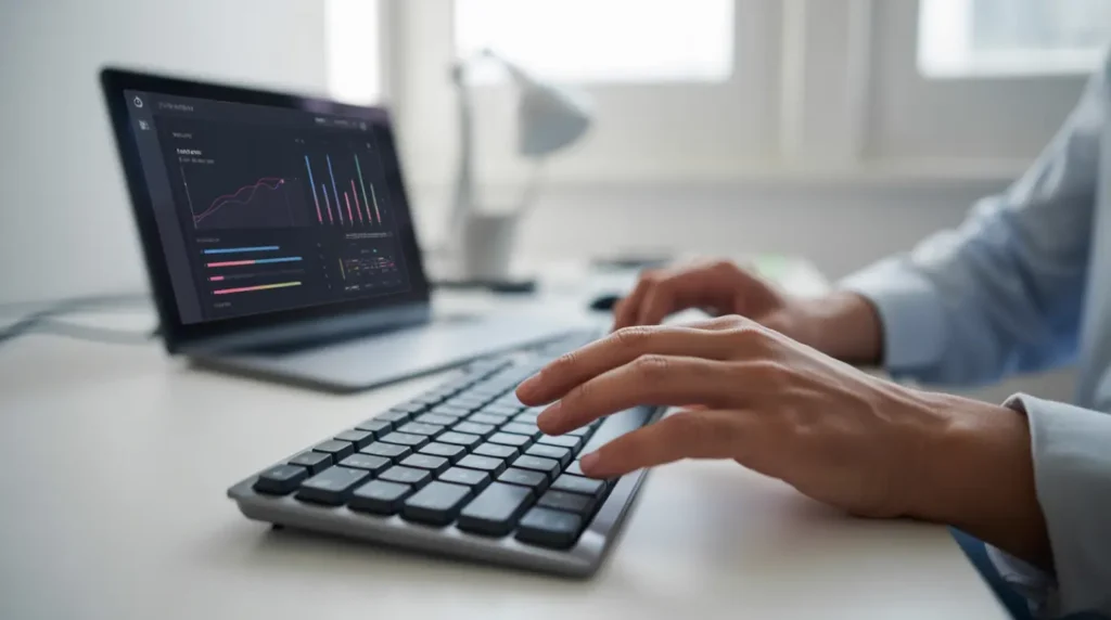 Technician pressing a keyboard shortcut to fix a frozen taskbar