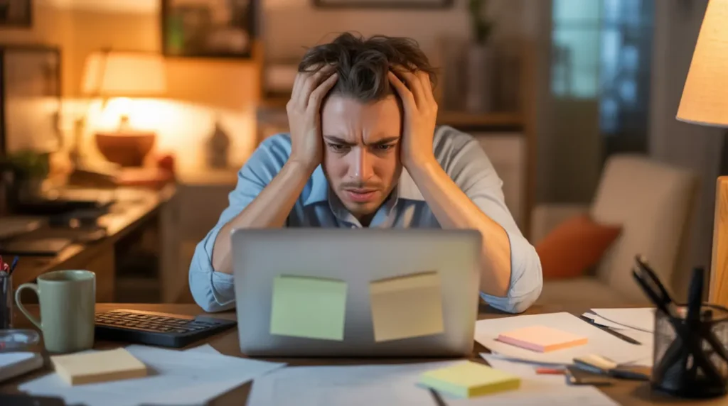 Frustrated user looking at a laptop with a stuck frozen screen
