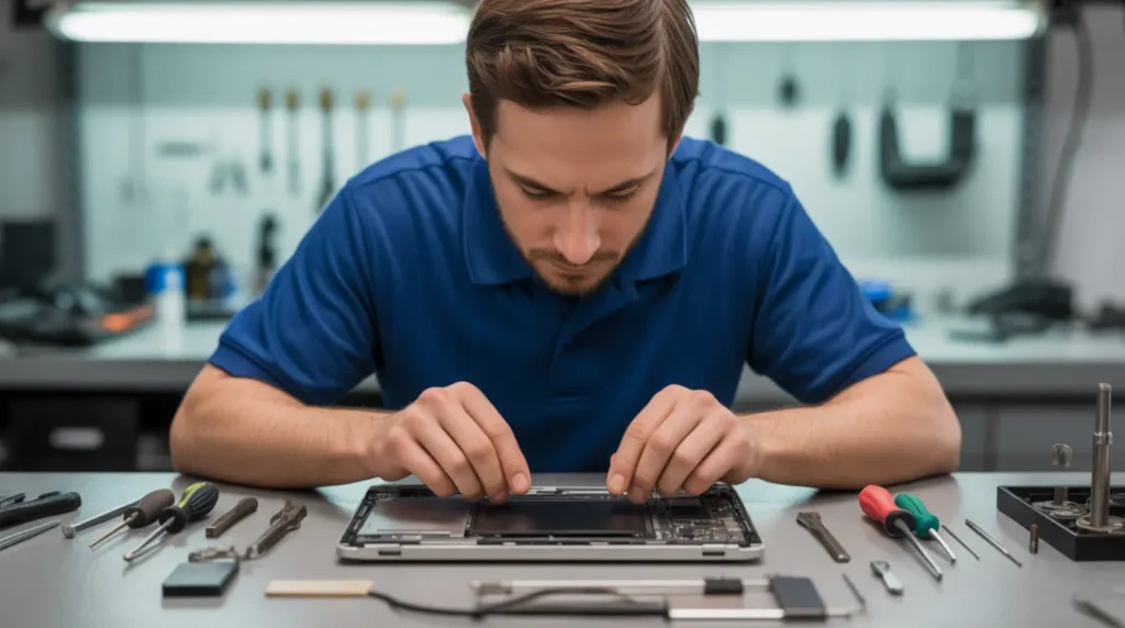 Repair technician examining a laptop on a professional workbench