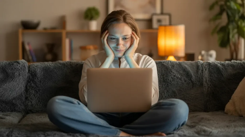 Person thinking while looking at laptop screen with a question
