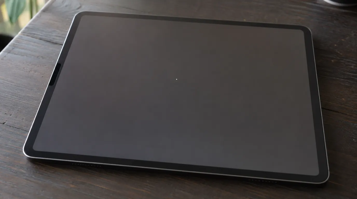 Close-up of iPad Pro screen showing a single white stuck pixel dot on dark gray background