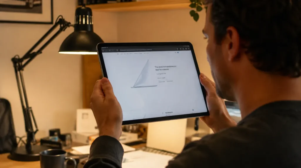 Person tilting iPad toward lamp to inspect milky white smudge on screen