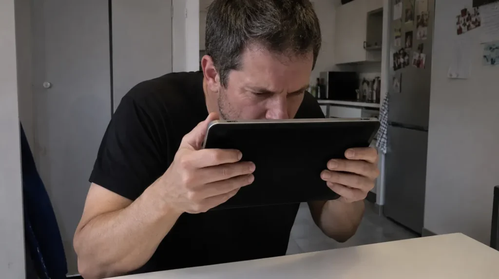 Man holding iPad with black screen to diagnose white dot display issue