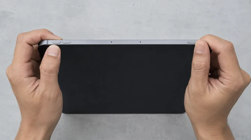 Hands pressing volume and top button on iPad to perform a force restart
