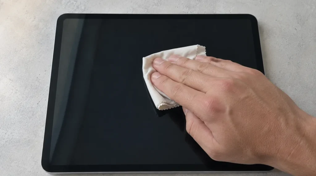 Hand pressing microfiber cloth gently on iPad screen to fix stuck pixel
